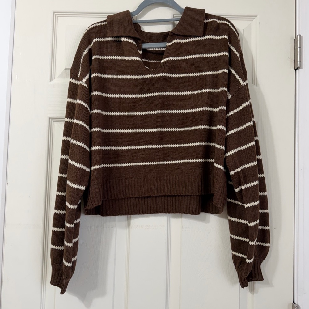 Striped Collared Cropped Sweater - Brown & Cream